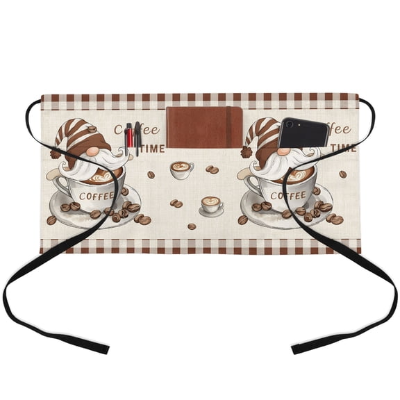 Server Apron with 3 Pockets Coffee Time Gnome Waitress Waiter Short Waist Aprons Waterproof Short Aprons for Women Men Servers Work Cafe Hotel Chef Kitchen BBQ Gifts 24"x13" Coffee Beans Brown Plaid