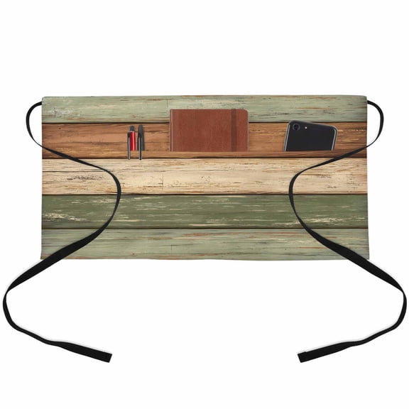 Server Apron with 3 Pockets Green Wood Grain Waitress Waiter Short Waist Aprons Waterproof Short Aprons for Women Men Servers Work Cafe Hotel Chef Kitchen BBQ Gifts 24"x13" Rustic Retro Brown Wooden
