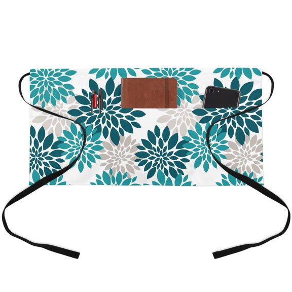Server Apron with 3 Pockets Turquoise Chrysanthemum Waitress Waiter Short Waist Aprons Waterproof Short Aprons for Women Men Servers Work Cafe Hotel Chef Kitchen Gifts 24"x13" Floral Petals Blossoms
