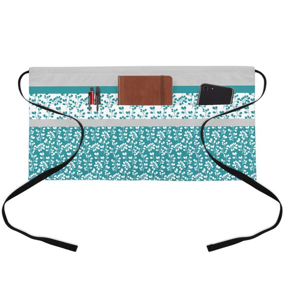 Server Apron with 3 Pockets Turquoise Grey Leaves Waitress Waiter Short Waist Aprons Waterproof Short Aprons for Women Men Servers Work Cafe Hotel Chef Kitchen BBQ Gifts 24"x13" Stitching Stripes