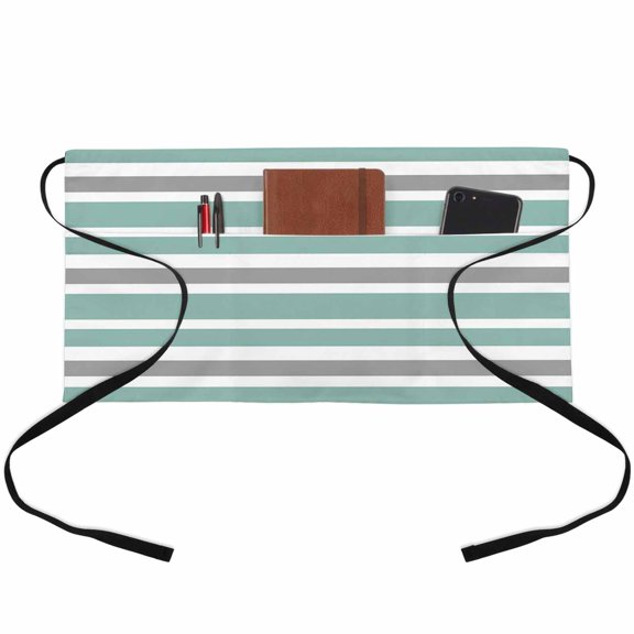 Server Apron with 3 Pockets Turquoise Grey Stripes Waitress Waiter Short Waist Aprons Waterproof Short Aprons for Women Men Servers Work Cafe Hotel Chef Kitchen BBQ Gifts 24"x13" Green Striped