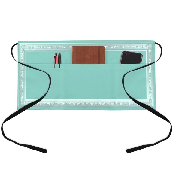 Server Apron with 3 Pockets Turquoise Key Design Waitress Waiter Short Waist Aprons Waterproof Short Aprons for Women Men Servers Work Cafe Hotel Chef Kitchen BBQ Gifts 24"x13" Geometric Back Print