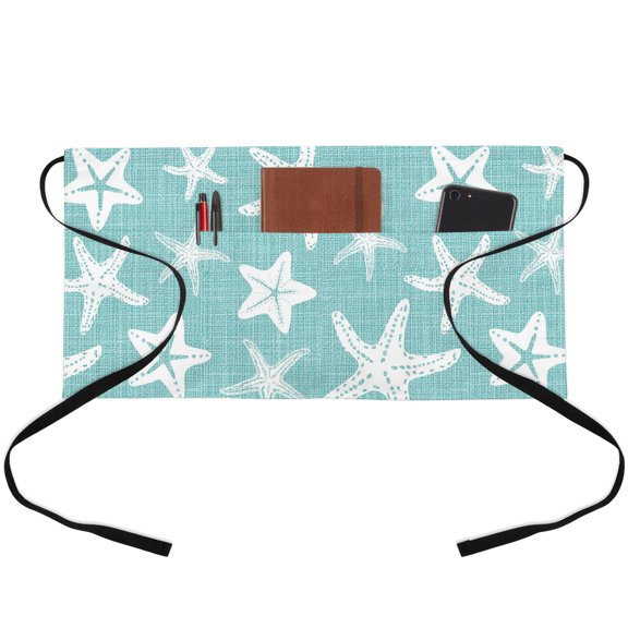 Server Apron with 3 Pockets Turquoise Linen Starfish Waitress Waiter Short Waist Aprons Waterproof Short Aprons for Women Men Servers Work Cafe Hotel Kitchen Gifts 24"x13" Coastal Ocean Marine Life