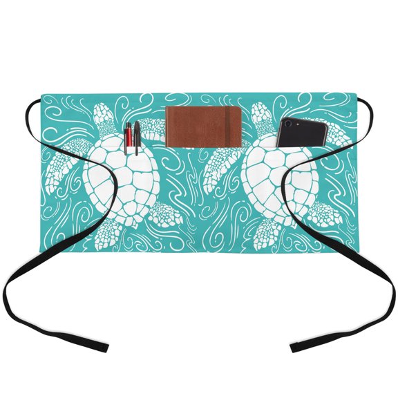 Server Apron with 3 Pockets Turquoise Sea Turtle Waitress Waiter Short Waist Aprons Waterproof Short Aprons for Women Men Servers Work Cafe Hotel Chef Kitchen Gifts 24"x13" Coastal Marine Life Waves