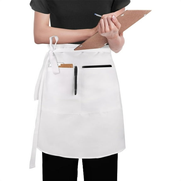 Server Apron with Pockets,Unisex White Waist Apron,Kitchen Household Aprons,Short Server Apron,Waterproof Waiter Spron,Oil Stain Resistant Half Aprons,for Restaurant Staff Bakers 15*23In