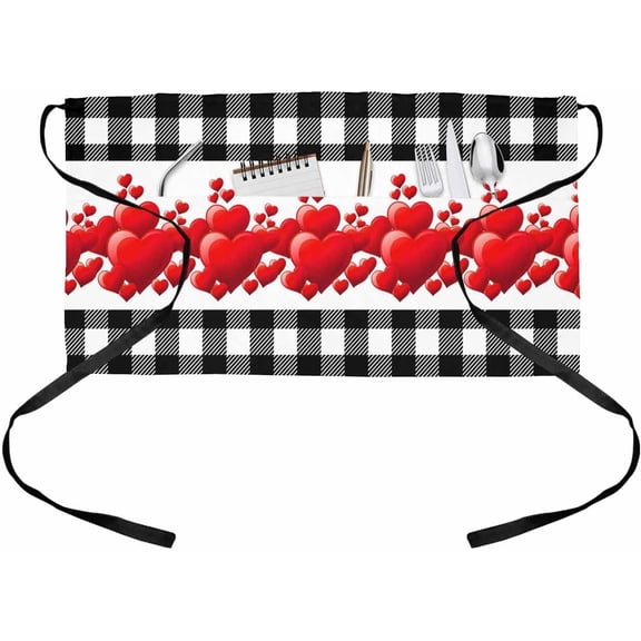 Server Apron Waitress Aprons with 3 Pockets, Valentines Day Half Waist Waiter Aprons Restaurant Chef Aprons for Women Men