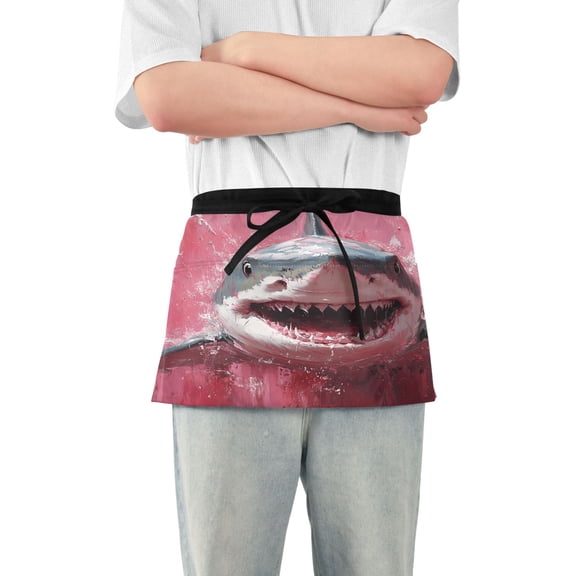 Server Apron with 3 Pockets Waterproof Waitress Waist Short Apron for Man Woman Aggressive Shark 12 Inches