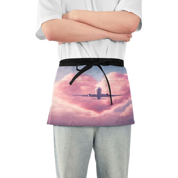 Server Apron with 3 Pockets Waterproof Waitress Waist Short Apron for Man Woman Airplane Fly Through Heart Cloud 12 Inches