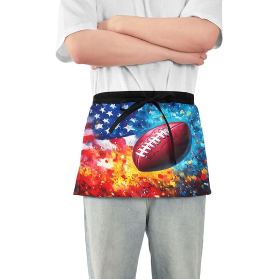 Server Apron with 3 Pockets Waterproof Waitress Waist Short Apron for Man Woman American Flag and Football 12 Inches