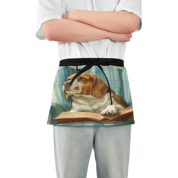 Server Apron with 3 Pockets Waterproof Waitress Waist Short Apron for Man Woman Beagle Dog Read Book on Chair 12 Inches