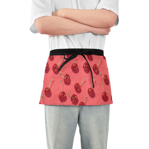 Server Apron with 3 Pockets Waterproof Waitress Waist Short Apron for Man Woman Beautiful Cherry 12 Inches
