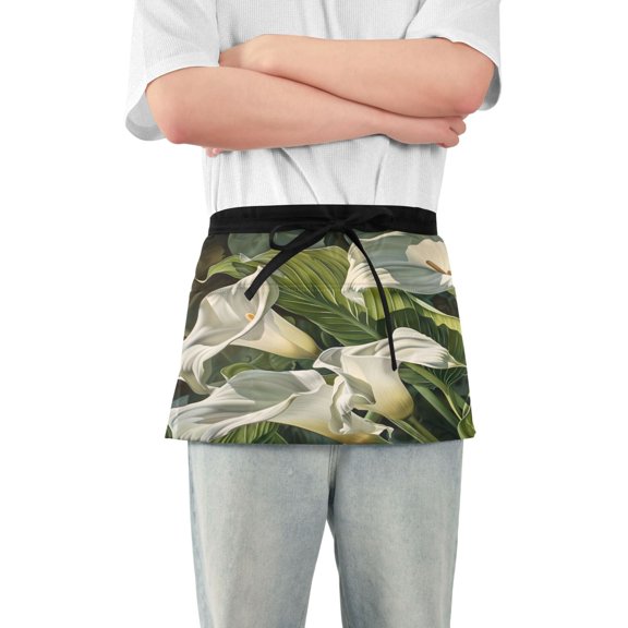 Server Apron with 3 Pockets Waterproof Waitress Waist Short Apron for Man Woman Beautiful Lilies Flower and Leaf 12 Inches