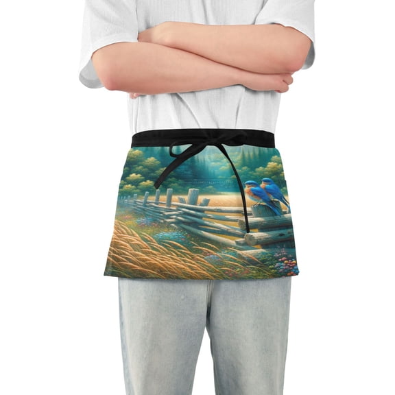 Server Apron with 3 Pockets Waterproof Waitress Waist Short Apron for Man Woman Bluebirds and Forests 12 Inches