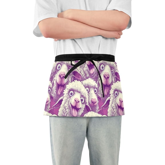 Server Apron with 3 Pockets Waterproof Waitress Waist Short Apron for Man Woman Cartoon Funny Sheep 12 Inches