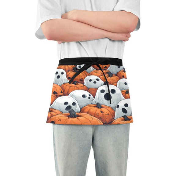Server Apron with 3 Pockets Waterproof Waitress Waist Short Apron for Man Woman Cartoon Ghosts Hide in Pumpkins 12 Inches