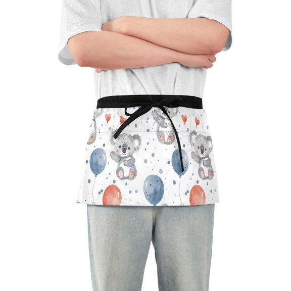 Server Apron with 3 Pockets Waterproof Waitress Waist Short Apron for Man Woman Cartoon Koala with Balloon 12 Inches