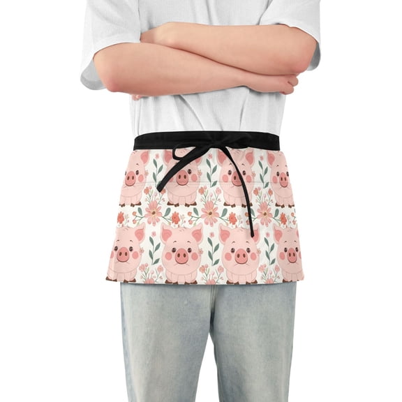 Server Apron with 3 Pockets Waterproof Waitress Waist Short Apron for Man Woman Cartoon Pig with Flower 12 Inches