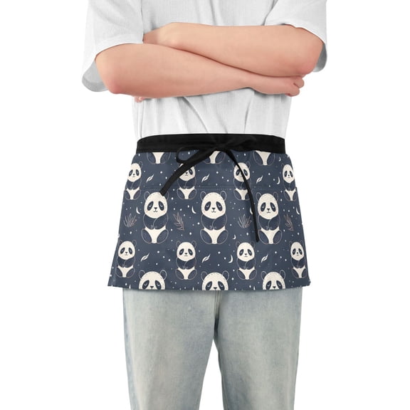 Server Apron with 3 Pockets Waterproof Waitress Waist Short Apron for Man Woman Cartoon Sitting Panda 12 Inches