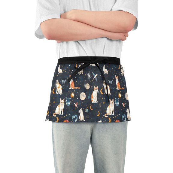 Server Apron with 3 Pockets Waterproof Waitress Waist Short Apron for Man Woman Cat Butterfly in Space 12 Inches