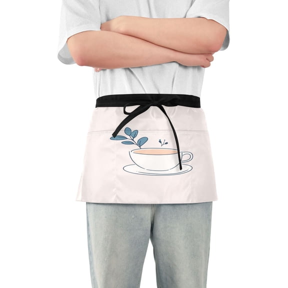 Server Apron with 3 Pockets Waterproof Waitress Waist Short Apron for Man Woman Coffee Cup with Left 12 Inches