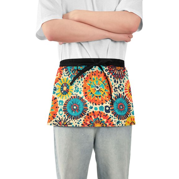 Server Apron with 3 Pockets Waterproof Waitress Waist Short Apron for Man Woman Colorful Bohemian Geometry 12 Inches