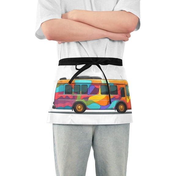 Server Apron with 3 Pockets Waterproof Waitress Waist Short Apron for Man Woman Colorful Bus 12 Inches