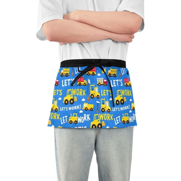 Server Apron with 3 Pockets Waterproof Waitress Waist Short Apron for Man Woman Construction Trucks and Clouds 12 Inches