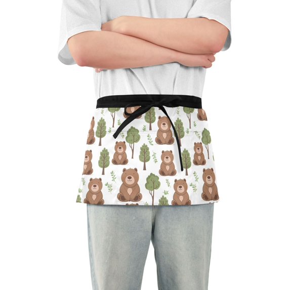 Server Apron with 3 Pockets Waterproof Waitress Waist Short Apron for Man Woman Cute Bear with Tree 12 Inches