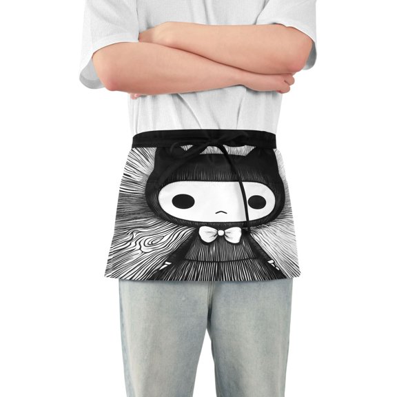 Server Apron with 3 Pockets Waterproof Waitress Waist Short Apron for Man Woman Cute Cat Girl 12 Inches