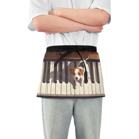 Server Apron with 3 Pockets Waterproof Waitress Waist Short Apron for Man Woman Cute Dog on Piano 12 Inches