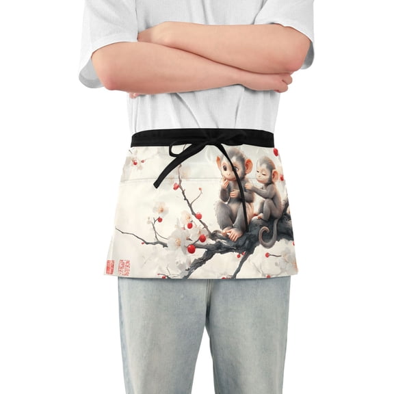 Server Apron with 3 Pockets Waterproof Waitress Waist Short Apron for Man Woman Cute Monkeys on Flower Branch 12 Inches