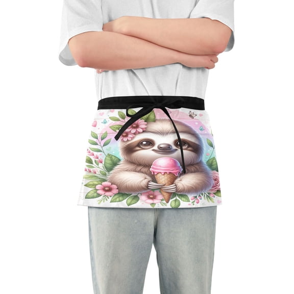 Server Apron with 3 Pockets Waterproof Waitress Waist Short Apron for Man Woman Cute Sloth with Ice Cream 12 Inches
