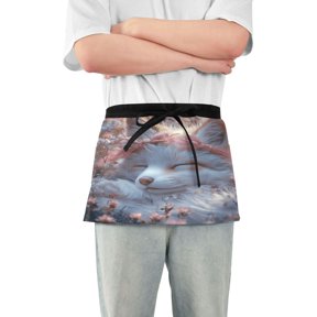 Server Apron with 3 Pockets Waterproof Waitress Waist Short Apron for Man Woman Cute White Fox with Pink Ribbon 12 Inches