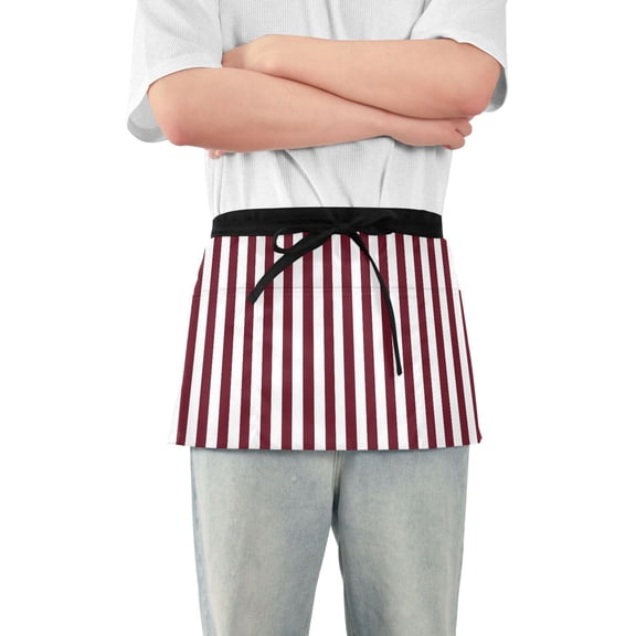 Server Apron with 3 Pockets Waterproof Waitress Waist Short Apron for Man Woman Dark Red and White Striped 12 Inches