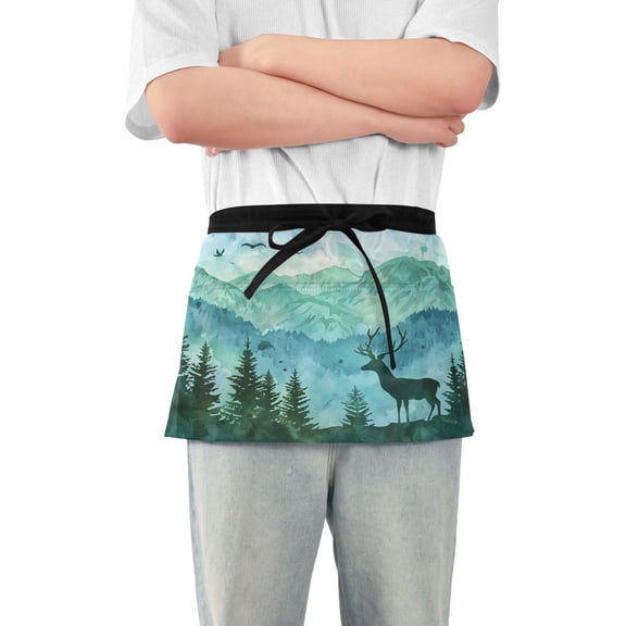Server Apron with 3 Pockets Waterproof Waitress Waist Short Apron for Man Woman Deer in Forests 12 Inches