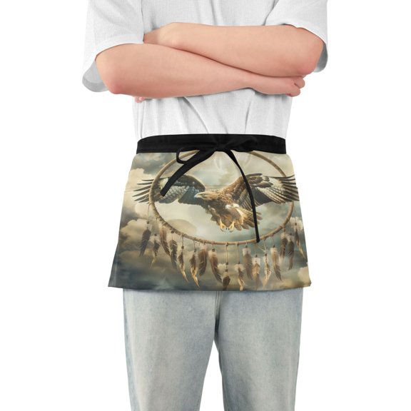 Server Apron with 3 Pockets Waterproof Waitress Waist Short Apron for Man Woman Eagle Clouds Feather 12 Inches
