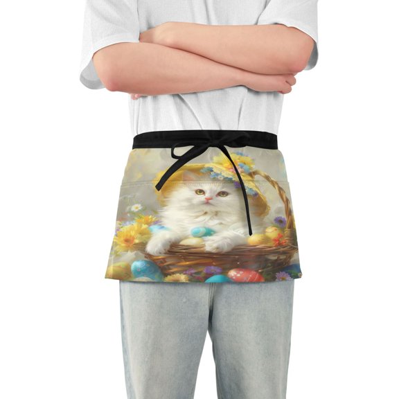Server Apron with 3 Pockets Waterproof Waitress Waist Short Apron for Man Woman Easter Egg with Cat 12 Inches