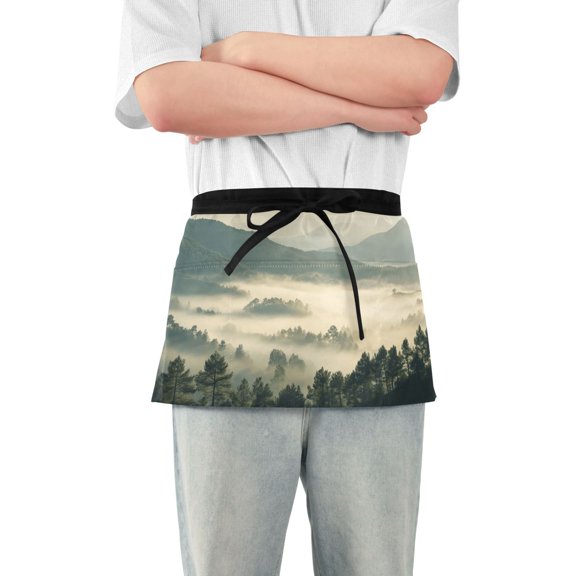 Server Apron with 3 Pockets Waterproof Waitress Waist Short Apron for Man Woman Forest Filled with Fog 12 Inches