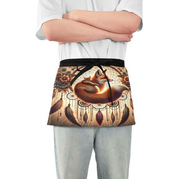 Server Apron with 3 Pockets Waterproof Waitress Waist Short Apron for Man Woman Foxes Flower Ring Feathers 12 Inches