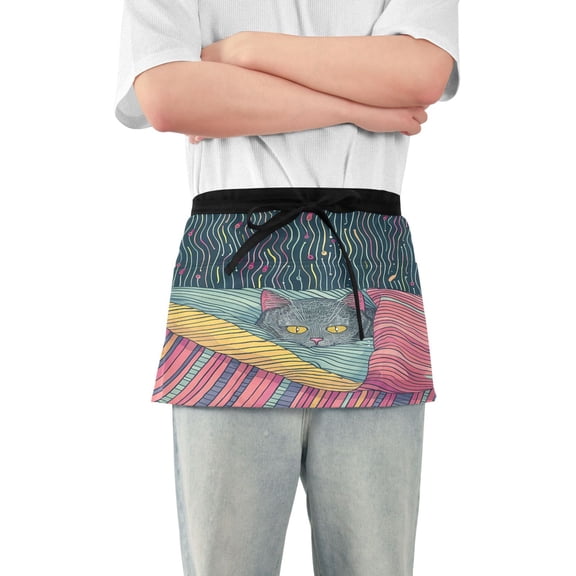 Server Apron with 3 Pockets Waterproof Waitress Waist Short Apron for Man Woman Gray Cat Hiding under Blanket 12 Inches