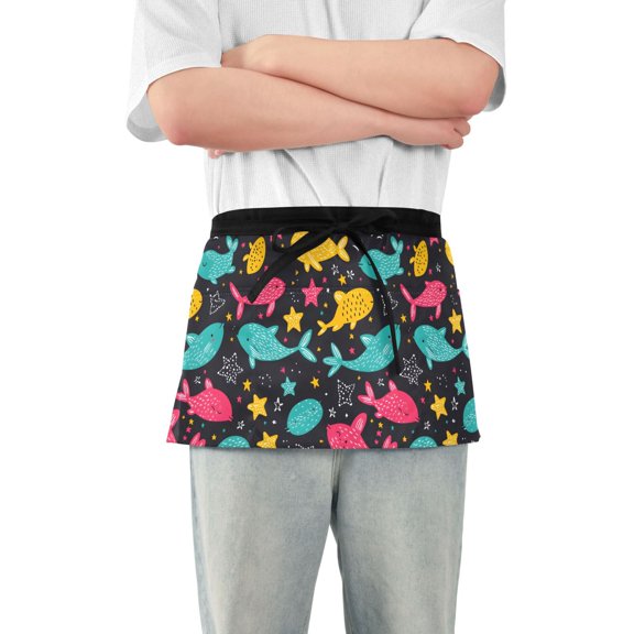 Server Apron with 3 Pockets Waterproof Waitress Waist Short Apron for Man Woman Hand Drawn Whale Stars 12 Inches