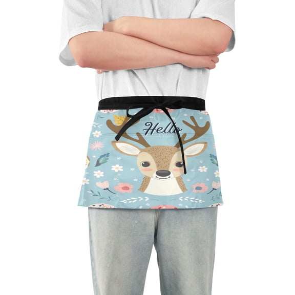 Server Apron with 3 Pockets Waterproof Waitress Waist Short Apron for Man Woman Hello Deer Face 12 Inches