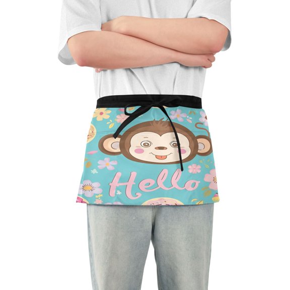 Server Apron with 3 Pockets Waterproof Waitress Waist Short Apron for Man Woman Hello Monkey Face 12 Inches