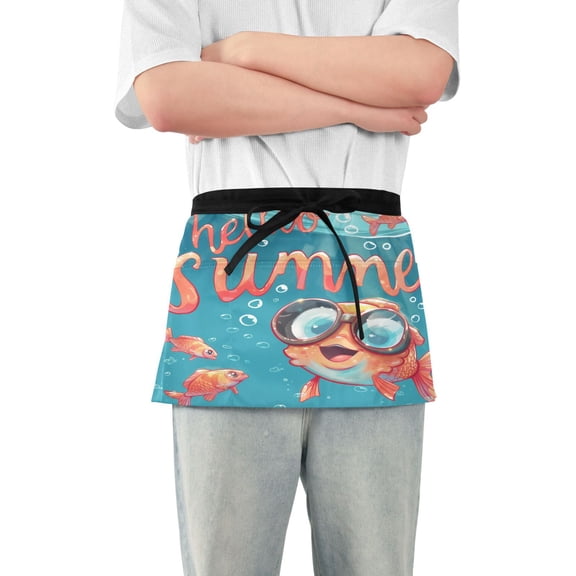 Server Apron with 3 Pockets Waterproof Waitress Waist Short Apron for Man Woman Hello Summer Fish 12 Inches