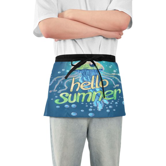 Server Apron with 3 Pockets Waterproof Waitress Waist Short Apron for Man Woman Hello Summer Jellyfish 12 Inches