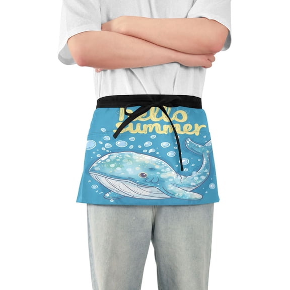 Server Apron with 3 Pockets Waterproof Waitress Waist Short Apron for Man Woman Hello Summer Whale 12 Inches