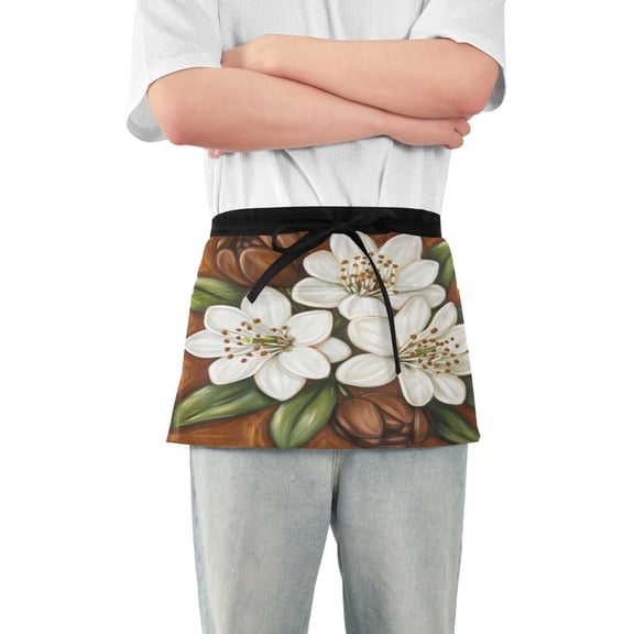 Server Apron with 3 Pockets Waterproof Waitress Waist Short Apron for Man Woman Jasmine Flowers and Leaf 12 Inches