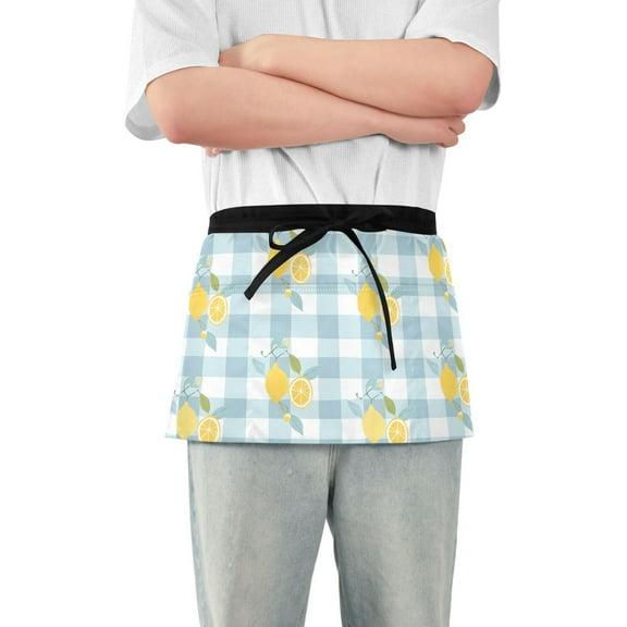 Server Apron with 3 Pockets Waterproof Waitress Waist Short Apron for Man Woman Lemons on Plaid 12 Inches