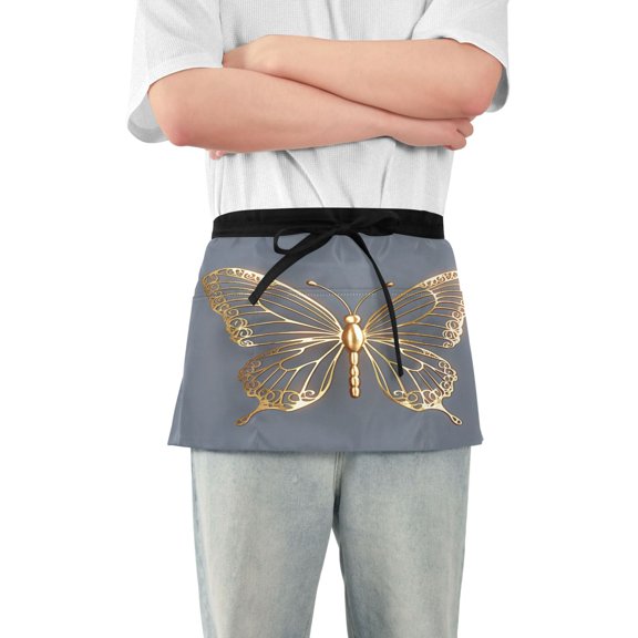 Server Apron with 3 Pockets Waterproof Waitress Waist Short Apron for Man Woman Luxury Butterfly 12 Inches