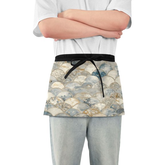 Server Apron with 3 Pockets Waterproof Waitress Waist Short Apron for Man Woman Marble Fish Scale 12 Inches